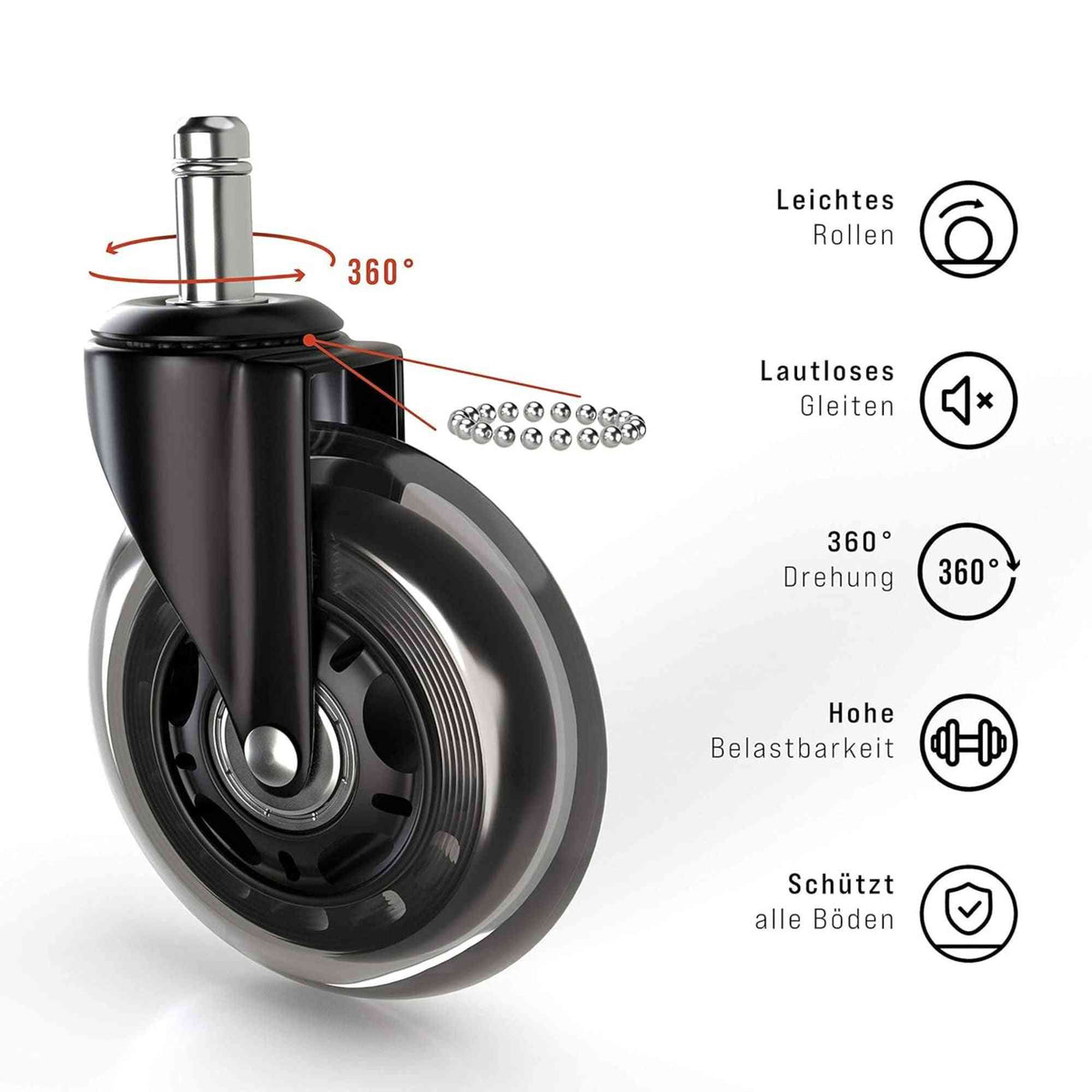 Biuro kėdės ratukai ULTRA SILENT 360°, skersmuo 63 mm