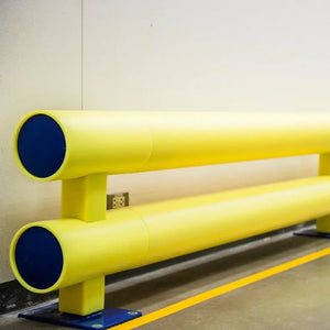 Žemo profilio dvigubas apsauginis barjeras Brand Safe 4900 mm, kontrastinės geltonos spalvos