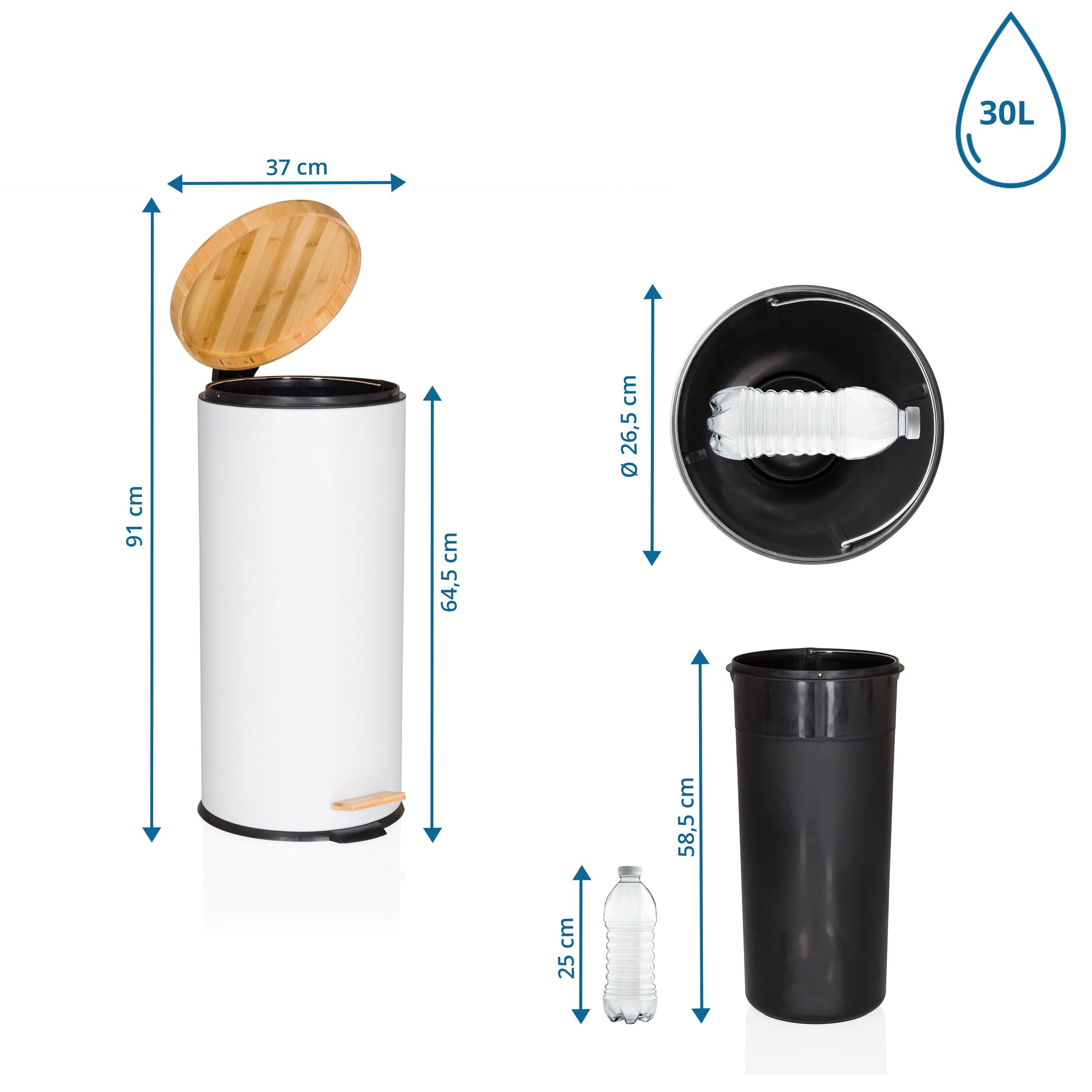 Šiukšliadėžė CLEAN BAMBOO White 30 L