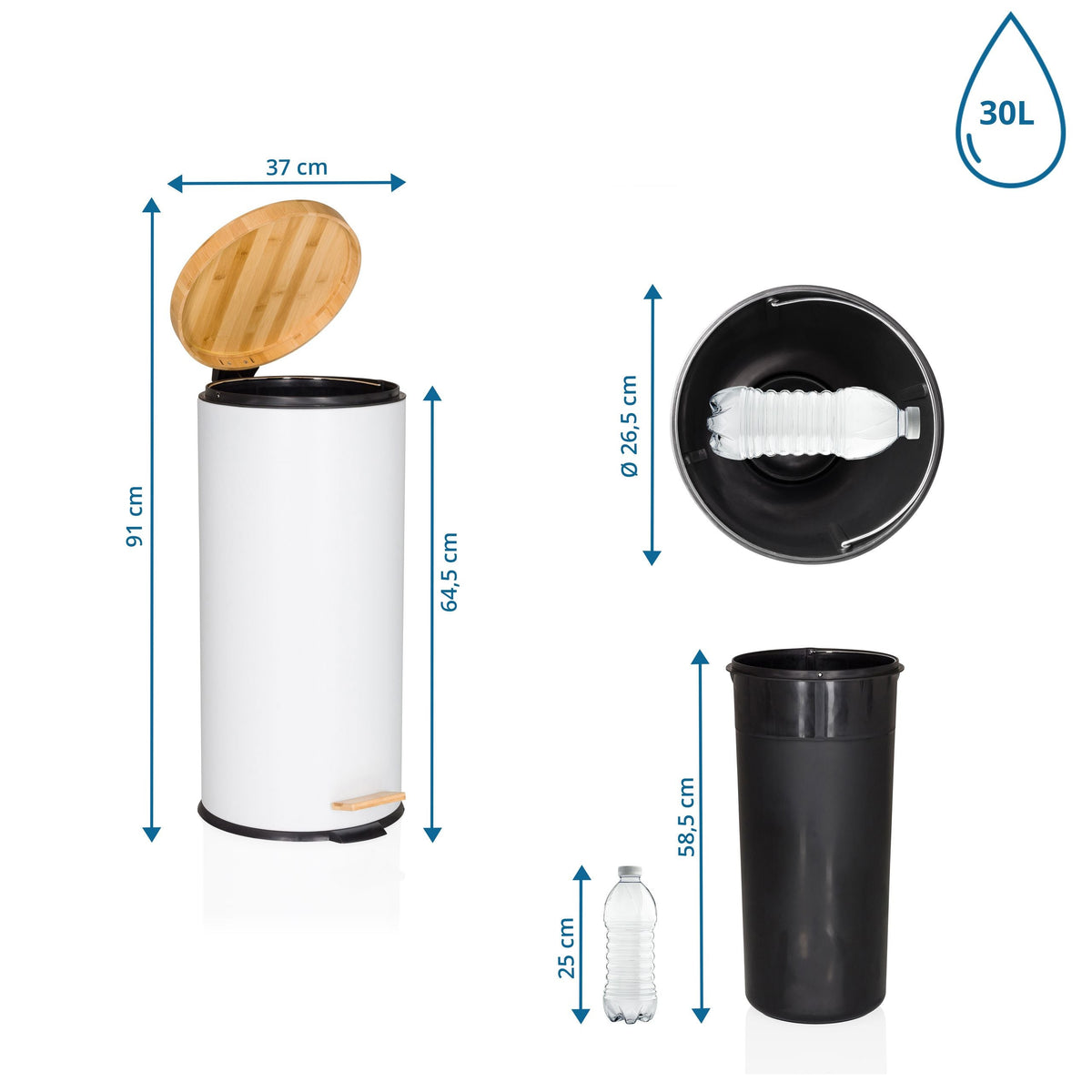 Šiukšliadėžė CLEAN BAMBOO White 30 L