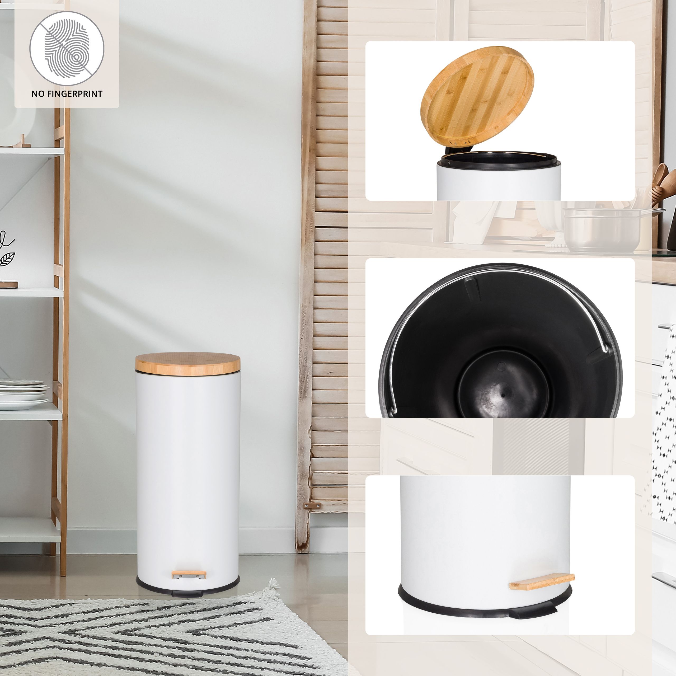 Šiukšliadėžė CLEAN BAMBOO White 30 L