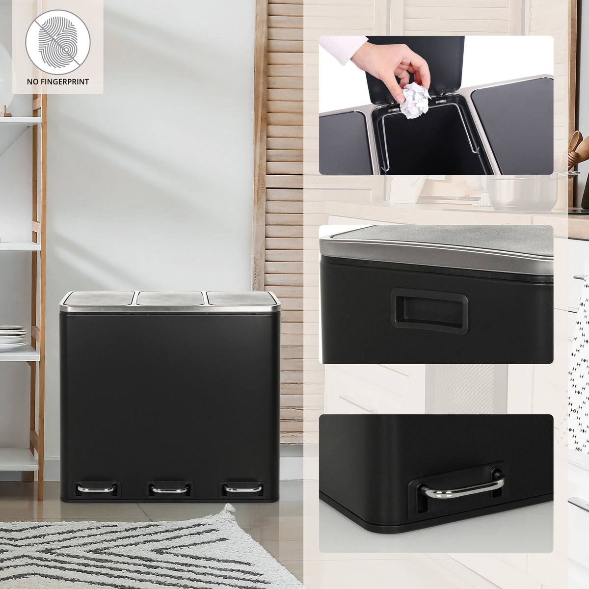 Atliekų rūšiavimo šiukšliadėžė CLEAN PRO Black, 3 x 18 L