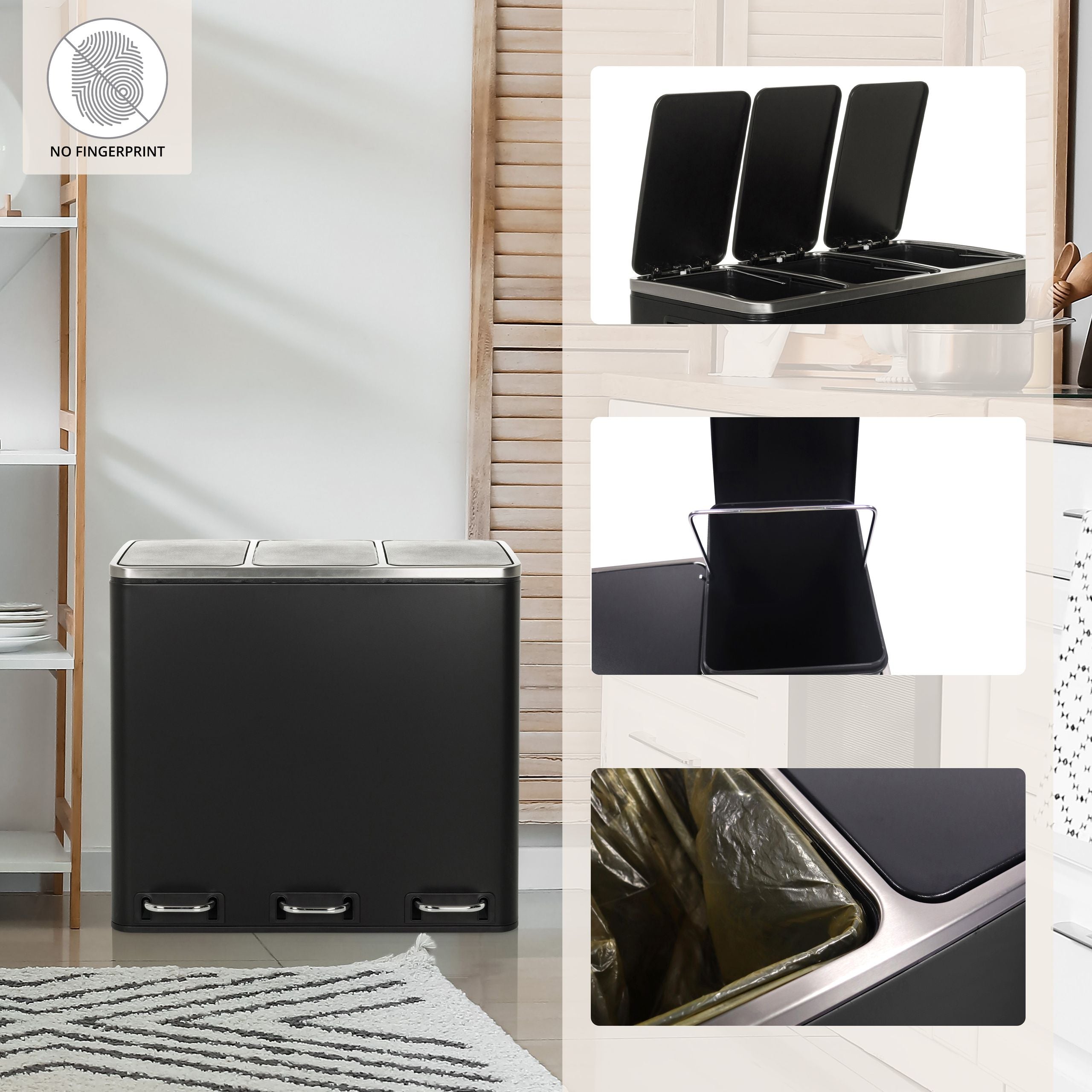 Atliekų rūšiavimo šiukšliadėžė CLEAN PRO Black, 3 x 18 L