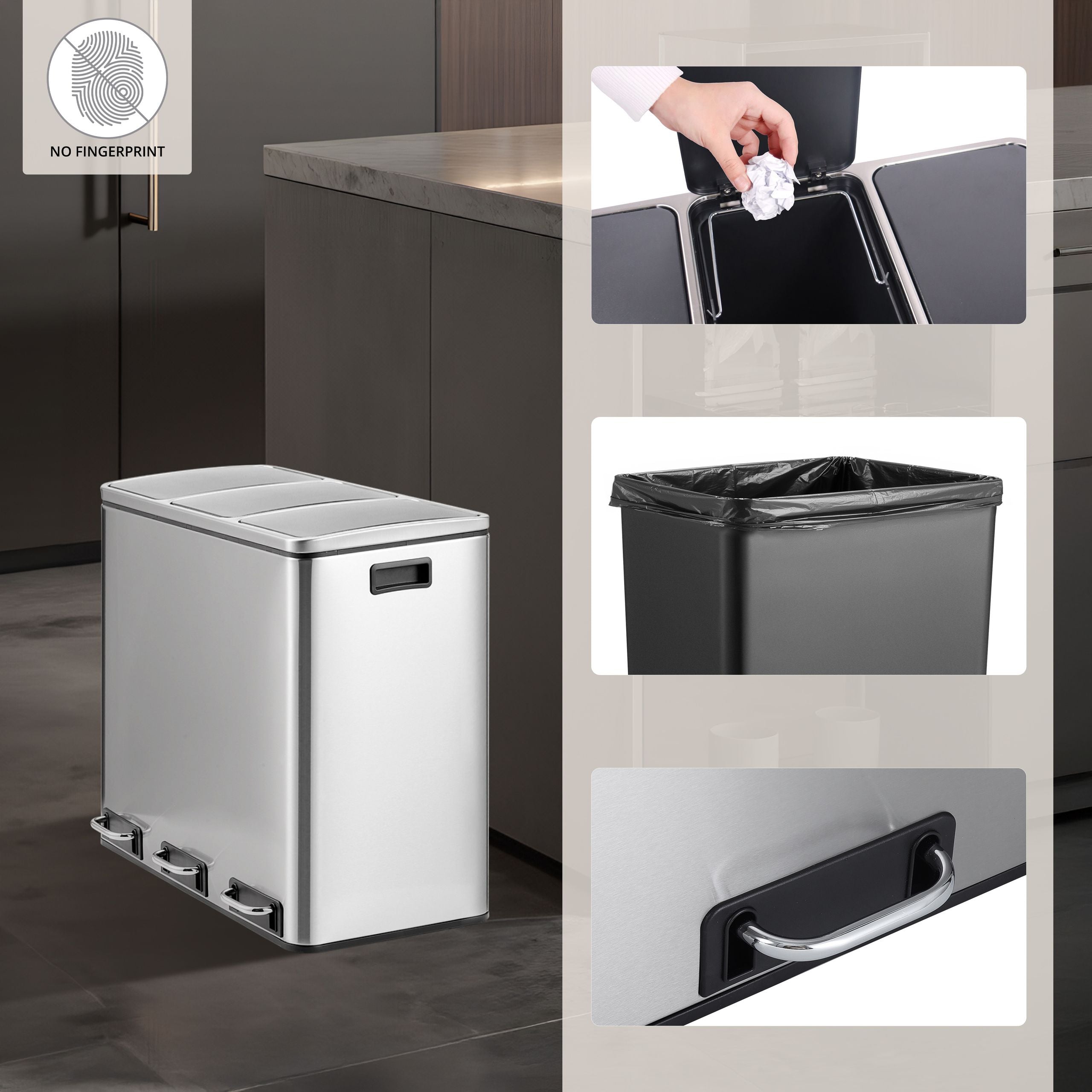 Šiukšliadėžė CLEAN PRO Silver 3 x 18 L