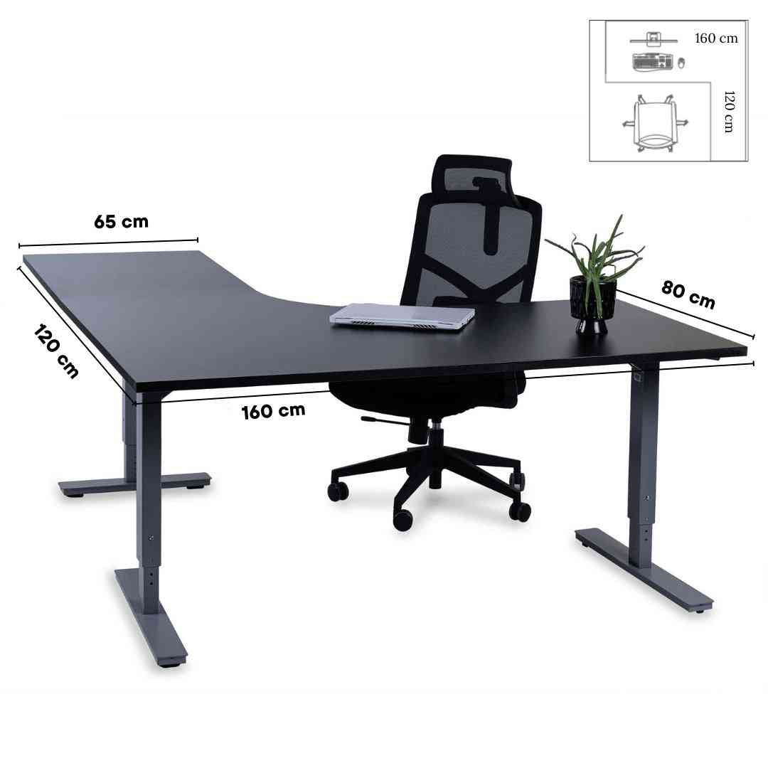 Biuro stalas Forza Line, L formos, 160 cm x 120 cm – Juoda / Sidabrinė / Dešininis