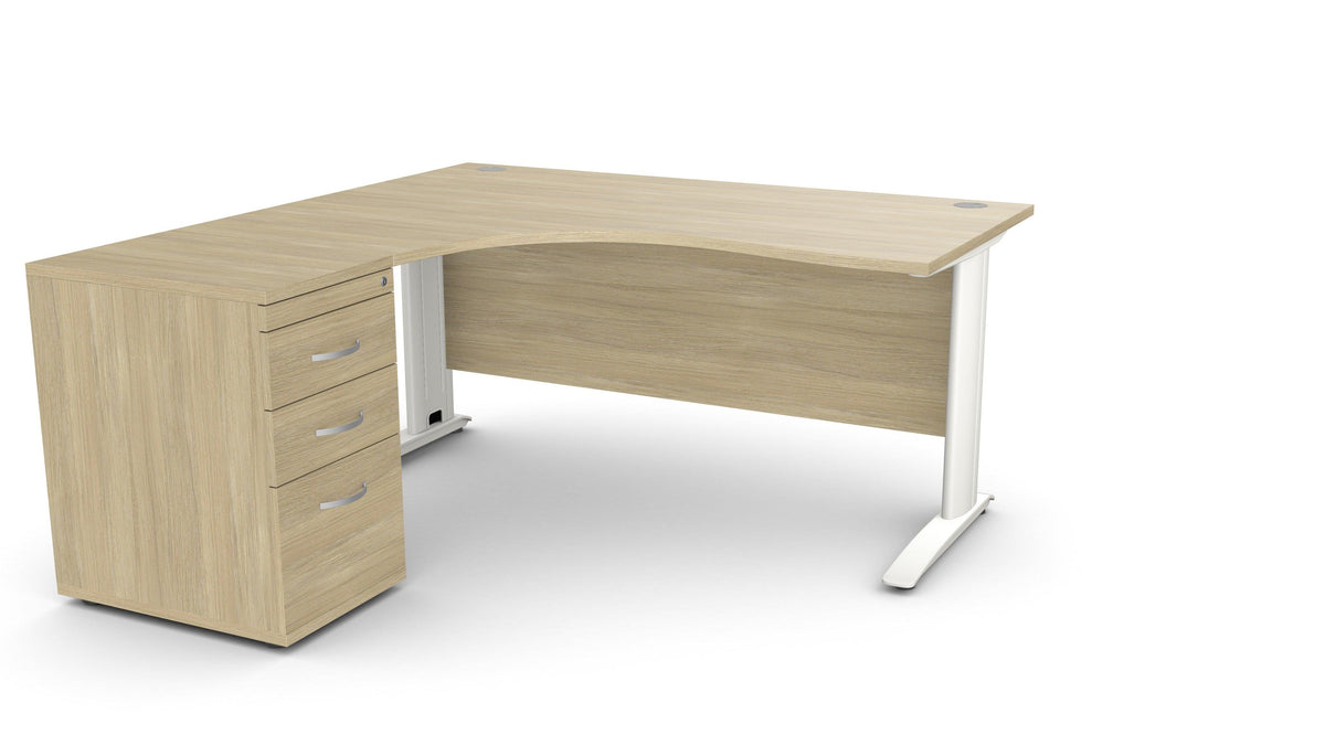 Biuro stalas THEO CORNER SET 160 x 160 cm su stalčių bloku – Amber Oak / Kairėje pusėje / Balta