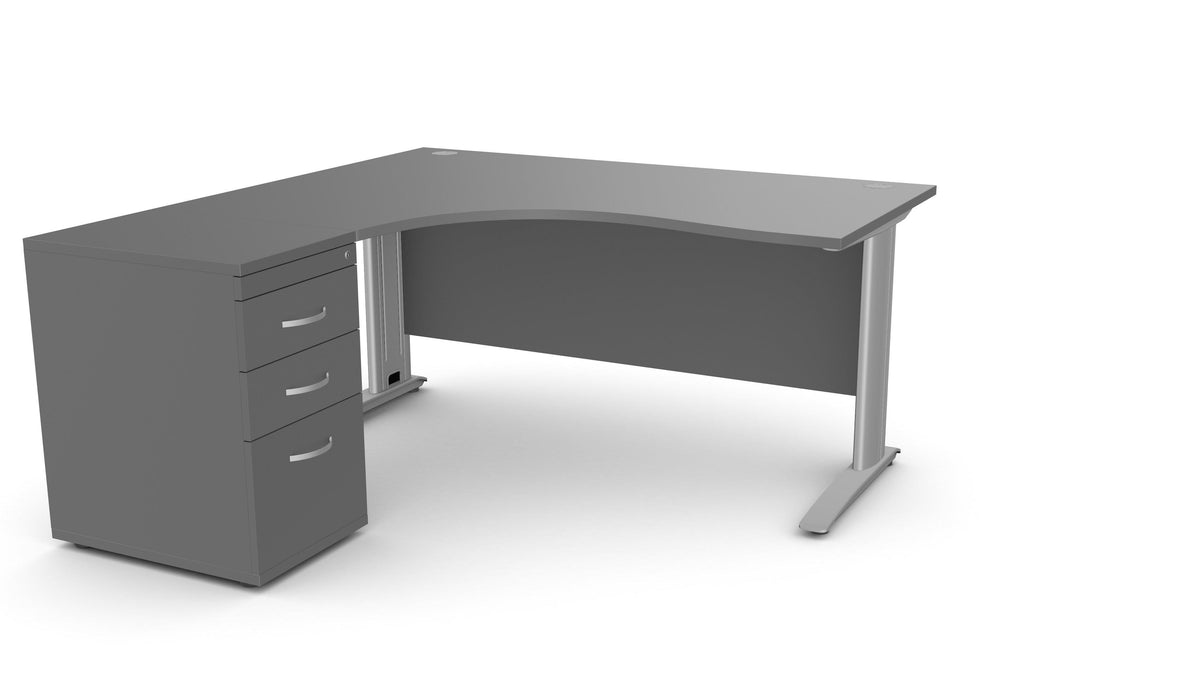 Biuro stalas THEO CORNER SET 160 x 160 cm su stalčių bloku – Grafito / Kairėje pusėje / Sidabrinė