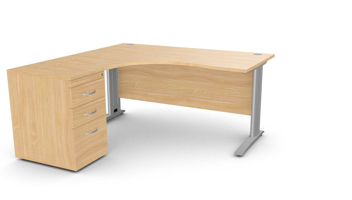 Biuro stalas THEO CORNER SET 160 x 160 cm su stalčių bloku – Bukas / Kairėje pusėje / Sidabrinė
