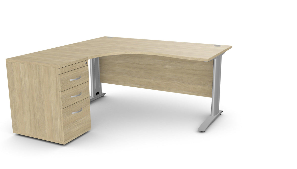 Biuro stalas THEO CORNER SET 160 x 160 cm su stalčių bloku – Amber Oak / Kairėje pusėje / Sidabrinė