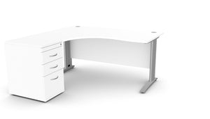 Biuro stalas THEO CORNER SET 160 x 160 cm su stalčių bloku – Balta / Kairėje pusėje / Sidabrinė