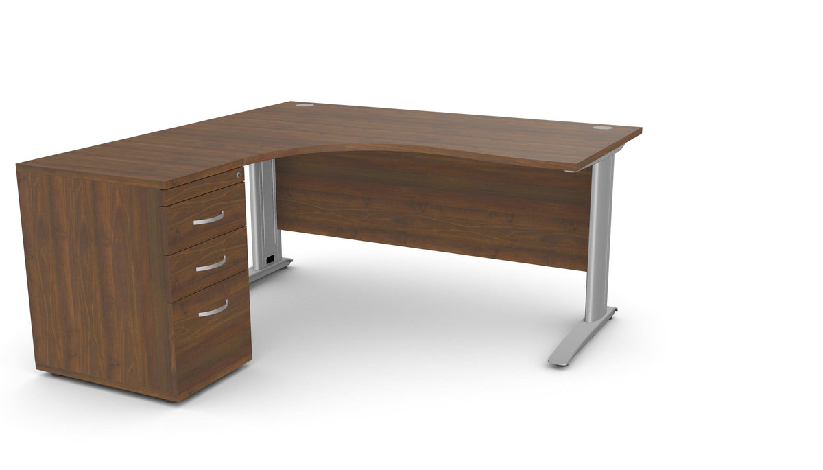 Biuro stalas THEO CORNER SET 160 x 160 cm su stalčių bloku – Riešutmedis / Kairėje pusėje / Sidabrinė