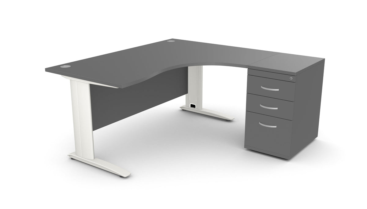 Biuro stalas THEO CORNER SET 160 x 160 cm su stalčių bloku – Grafito / Dešinėje pusėje / Balta
