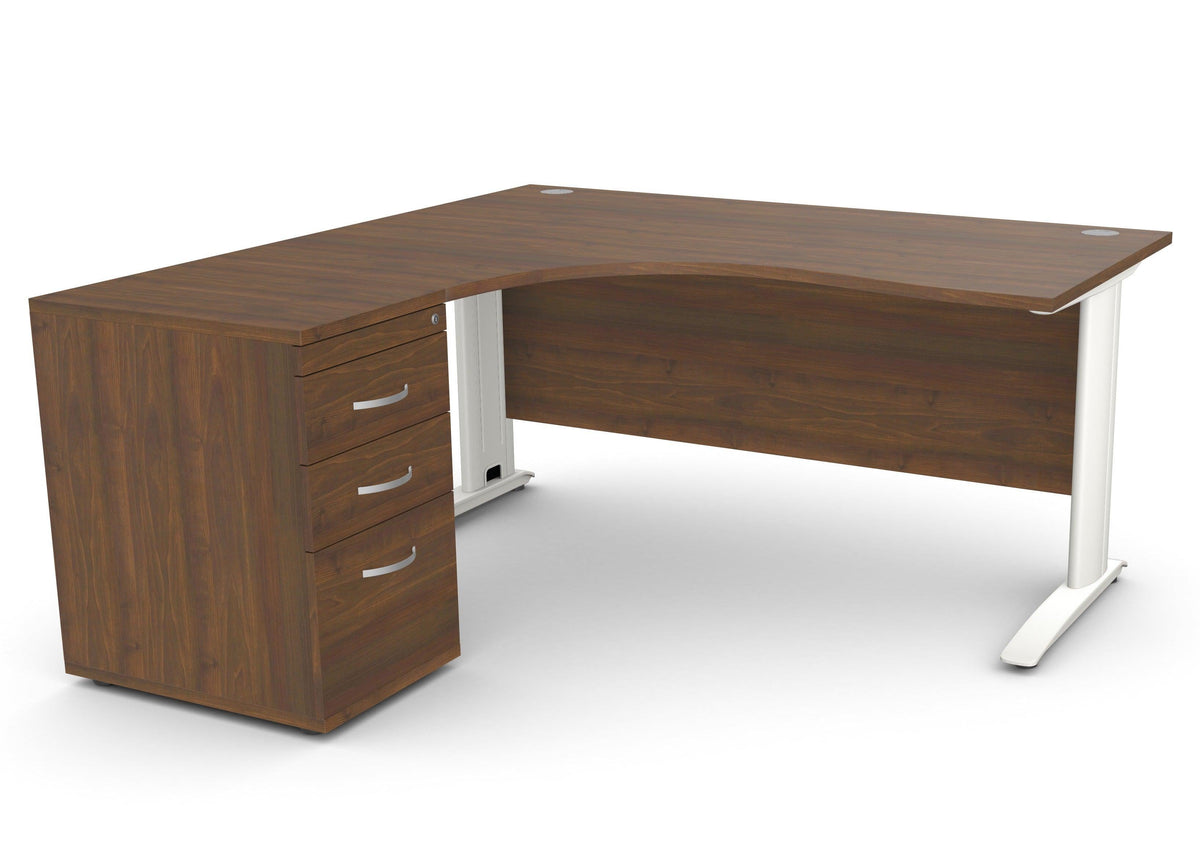 Biuro stalas THEO CORNER SET 160 x 160 cm su stalčių bloku – Riešutmedis / Kairėje pusėje / Balta