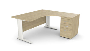 Biuro stalas THEO CORNER SET 160 x 160 cm su stalčių bloku – Amber Oak / Dešinėje pusėje / Balta