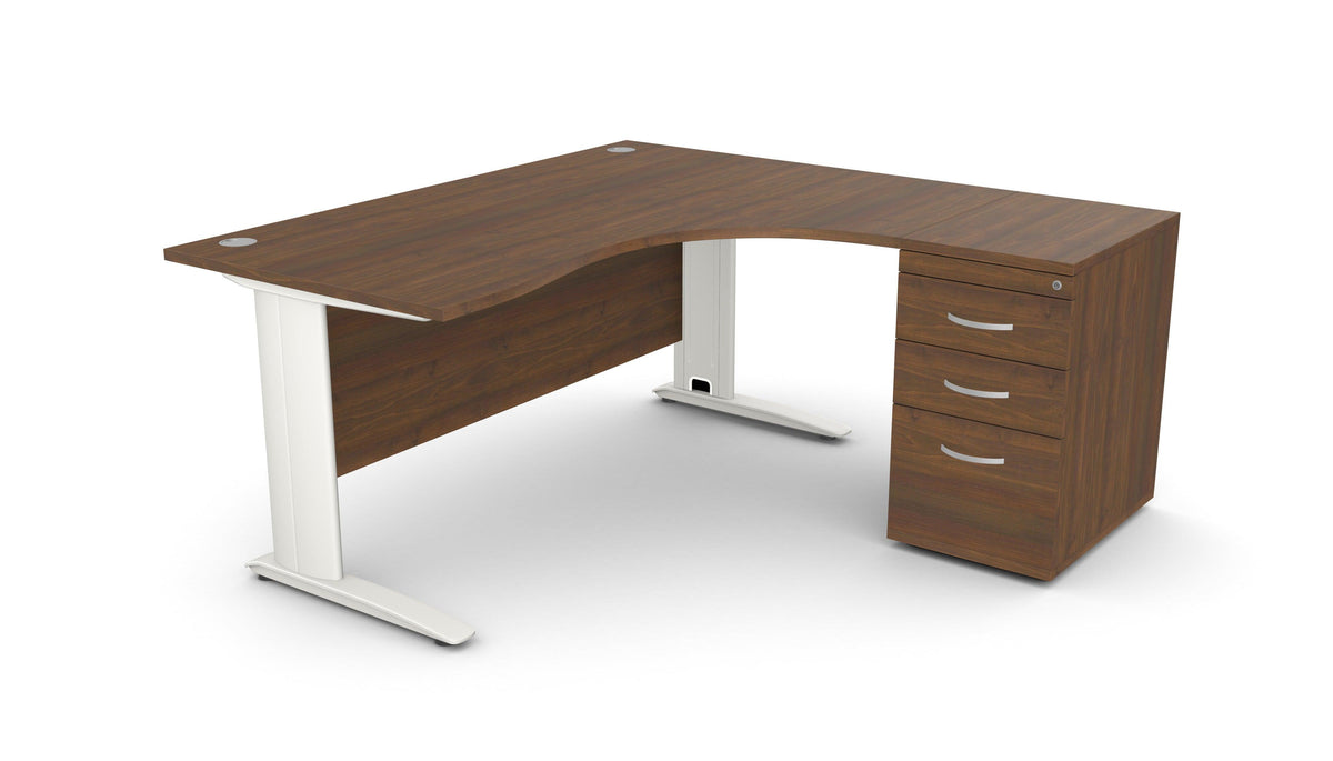 Biuro stalas THEO CORNER SET 160 x 160 cm su stalčių bloku – Riešutmedis / Dešinėje pusėje / Balta