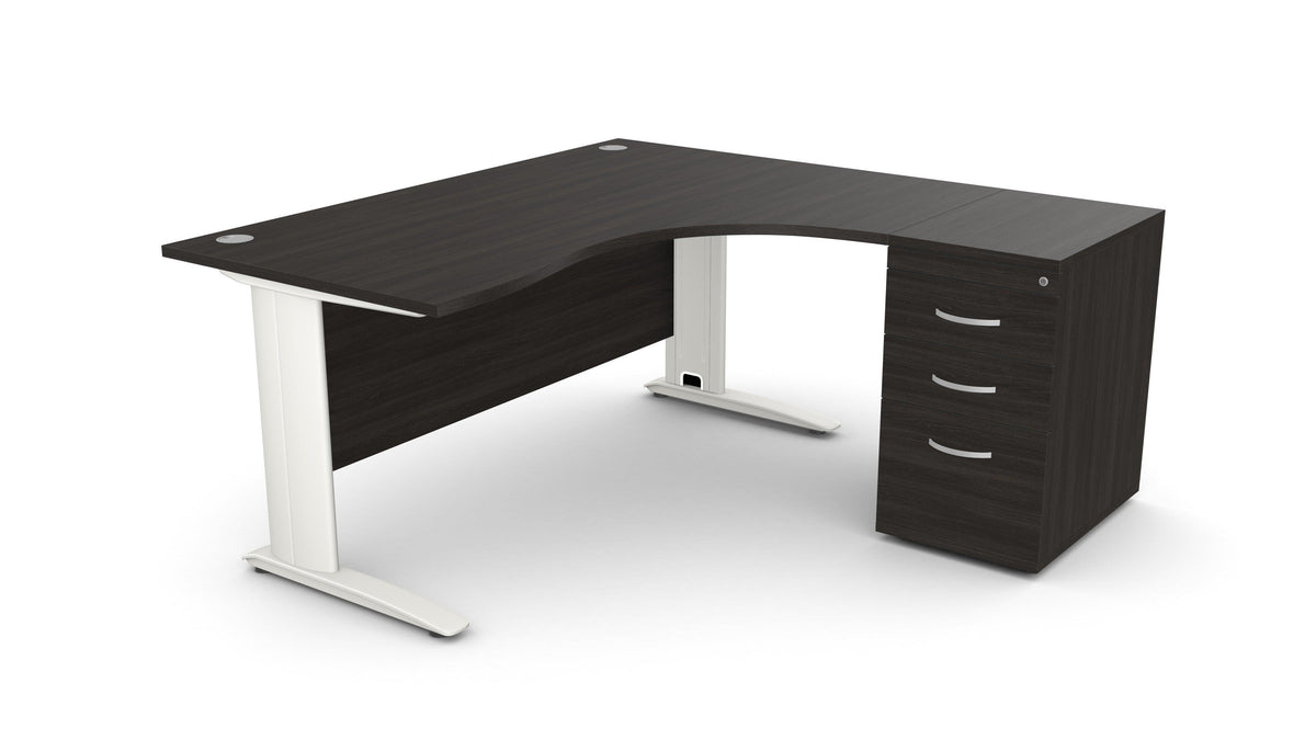 Biuro stalas THEO CORNER SET 160 x 160 cm su stalčių bloku – Juoda / Dešinėje pusėje / Balta