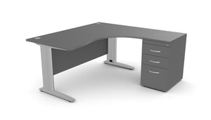 Biuro stalas THEO CORNER SET 160 x 160 cm su stalčių bloku – Grafito / Dešinėje pusėje / Sidabrinė