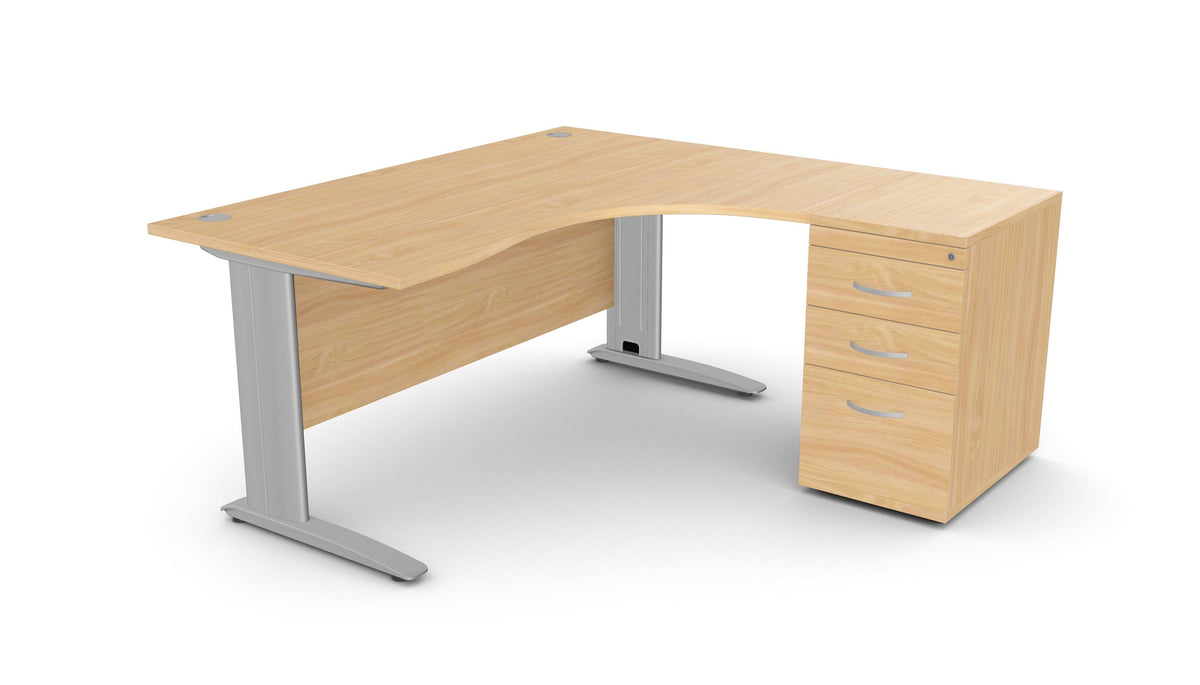 Biuro stalas THEO CORNER SET 160 x 160 cm su stalčių bloku – Bukas / Dešinėje pusėje / Sidabrinė