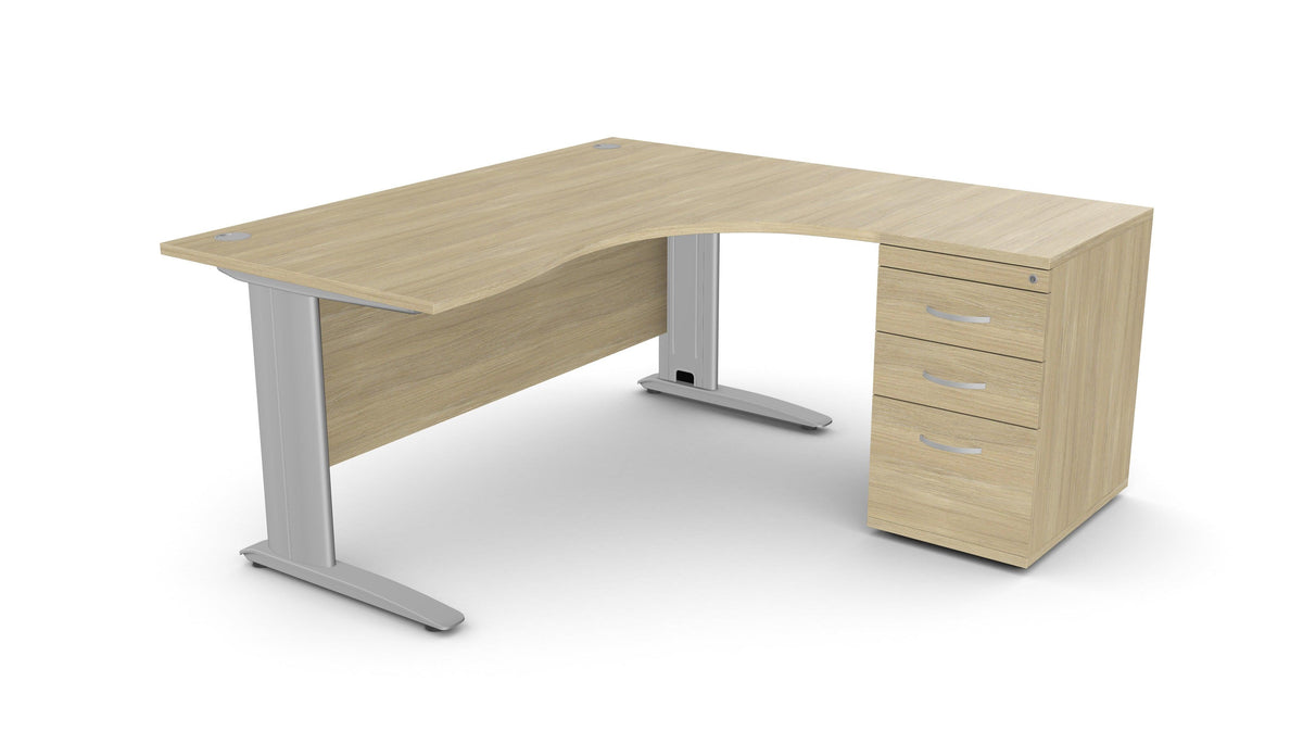 Biuro stalas THEO CORNER SET 160 x 160 cm su stalčių bloku – Amber Oak / Dešinėje pusėje / Sidabrinė