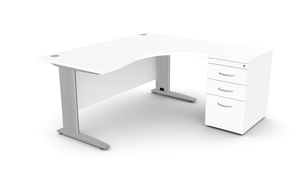 Biuro stalas THEO CORNER SET 160 x 160 cm su stalčių bloku – Balta / Dešinėje pusėje / Sidabrinė