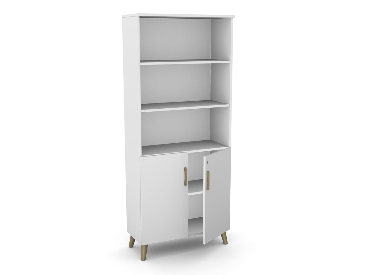 Biuro spinta Flexx su 3 atviromis lentynomis, 1800 x 800 x 355 mm – Balta / Medinės kojelės