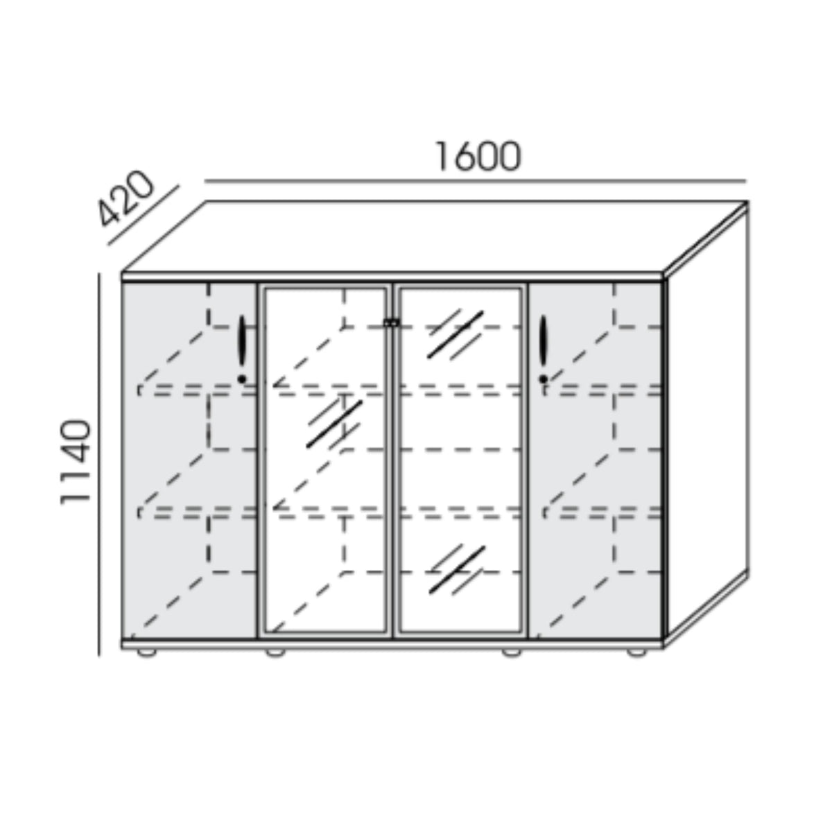 Biuro spinta NUWO GLASS COMBI, 3 lentynos, 1140x1600x420 mm, konfigūruojama