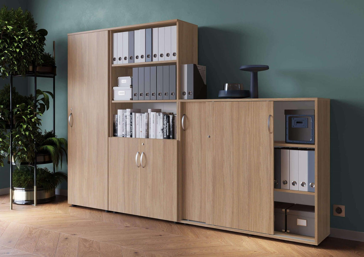 Biuro spintų komplektas Flexx One, trys spintos, bendras plotis 256 cm, gintarinis ąžuolas