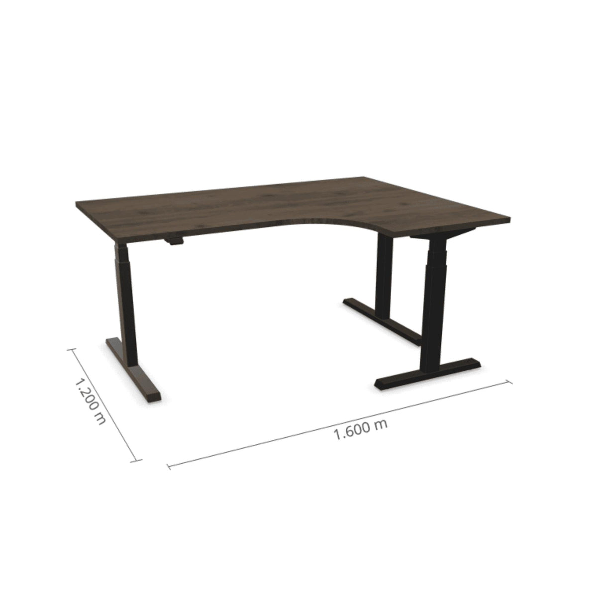 Elektrinis reguliuojamo aukščio L formos stalas Prestige Line 160 cm x 120 cm – Riešutmedžio / Juoda / Dešinysis