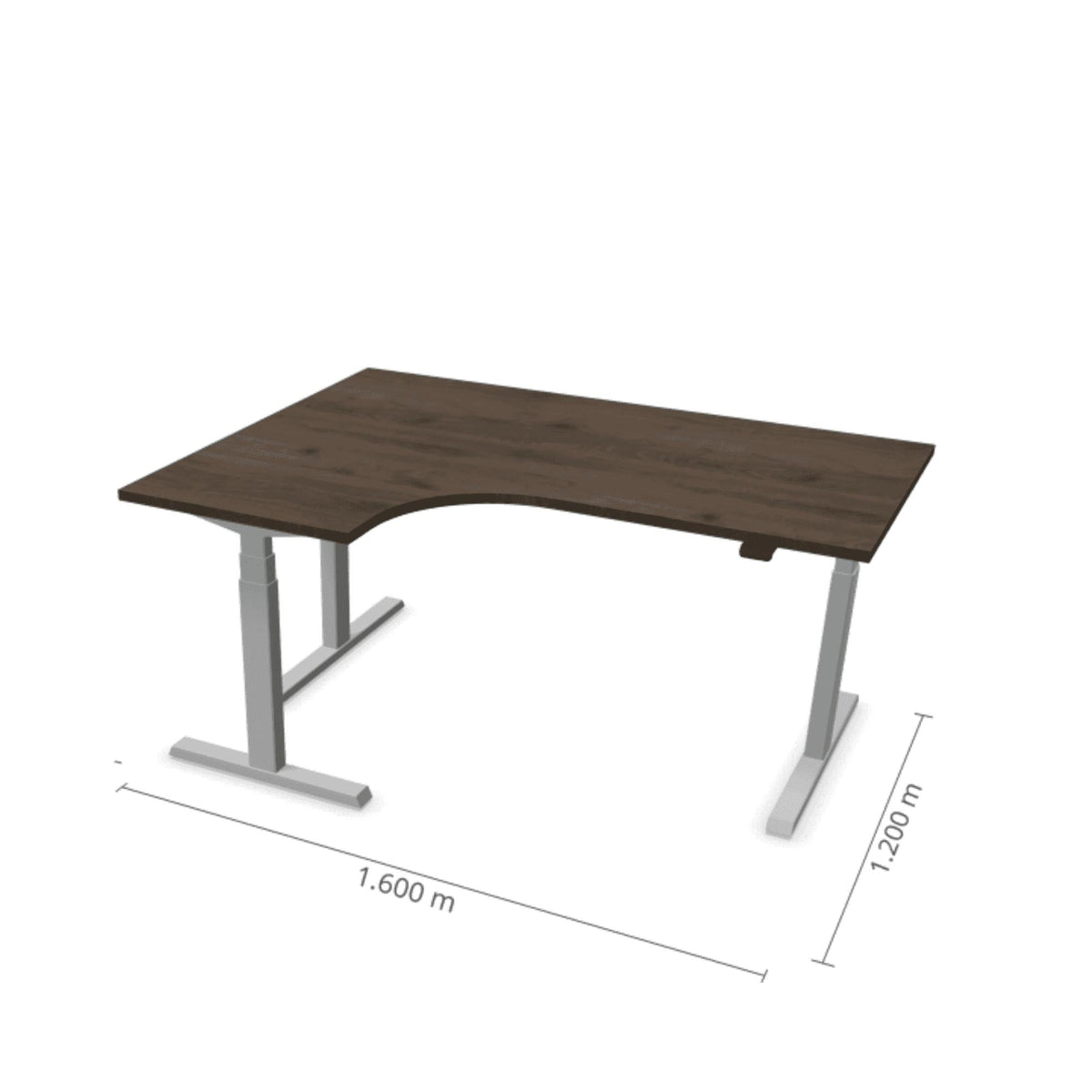 Elektrinis reguliuojamo aukščio L formos stalas Prestige Line 160 cm x 120 cm – Riešutmedžio / Sidabrinė / Kairysis