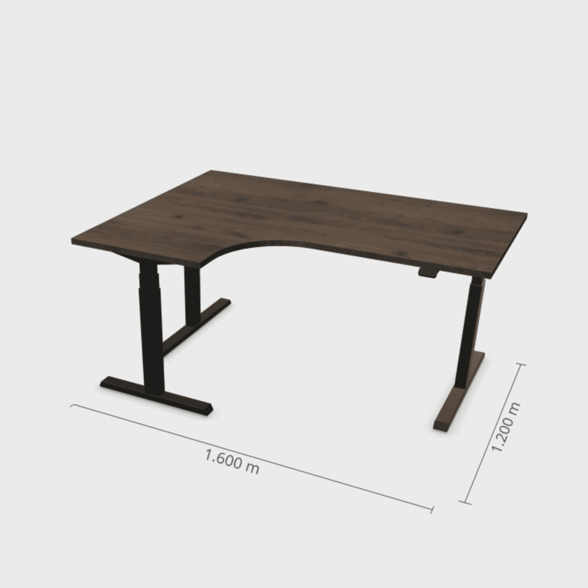 Elektrinis reguliuojamo aukščio L formos stalas Prestige Line 160 cm x 120 cm – Riešutmedžio / Juoda / Kairysis