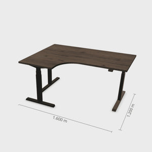 Elektrinis reguliuojamo aukščio L formos stalas Prestige Line 160 cm x 120 cm – Riešutmedžio / Juoda / Kairysis