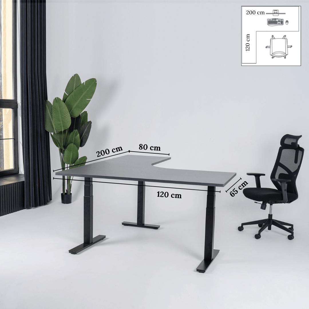 Elektra reguliuojamo aukščio stalas Prestige Line, L formos, 200 cm x 120 cm – Antracito / Juoda / Kairysis