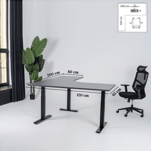 Elektra reguliuojamo aukščio stalas Prestige Line, L formos, 200 cm x 120 cm – Antracito / Juoda / Kairysis