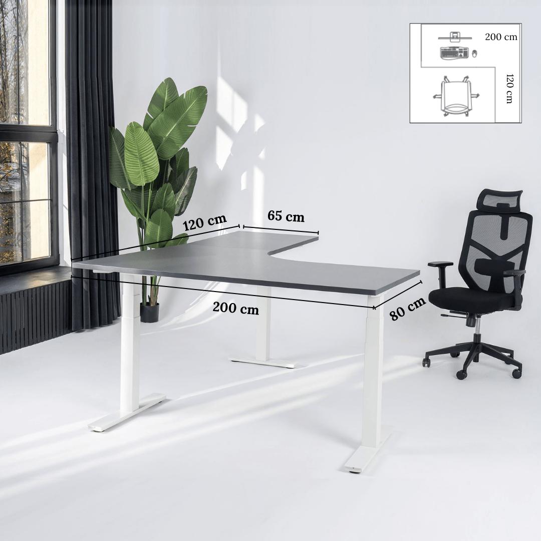 Elektra reguliuojamo aukščio stalas Prestige Line, L formos, 200 cm x 120 cm – Antracito / Balta / Dešinysis