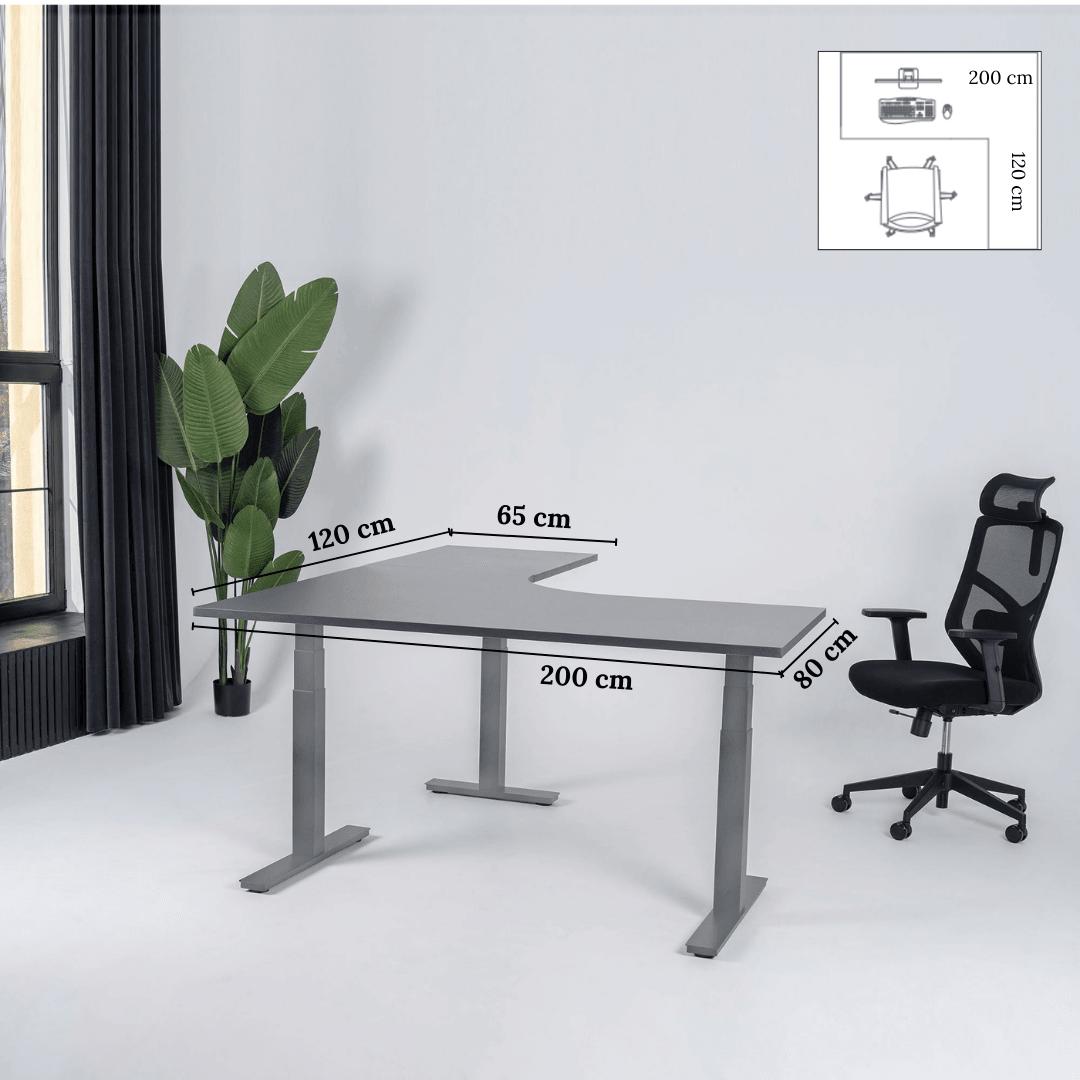 Elektra reguliuojamo aukščio stalas Prestige Line, L formos, 200 cm x 120 cm – Antracito / Sidabrinė / Dešinysis