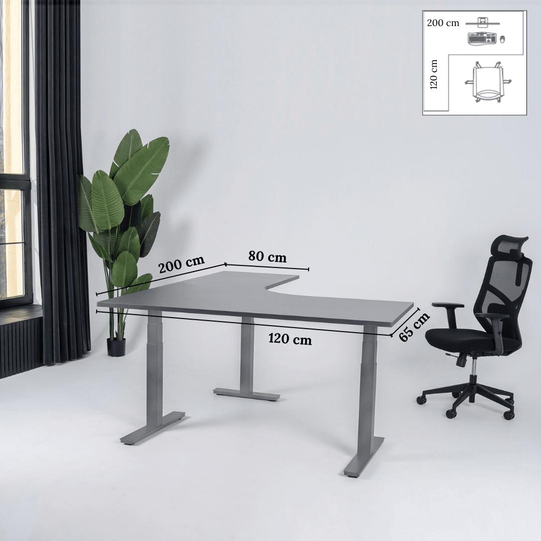 Elektra reguliuojamo aukščio stalas Prestige Line, L formos, 200 cm x 120 cm – Juoda / Sidabrinė / Kairysis