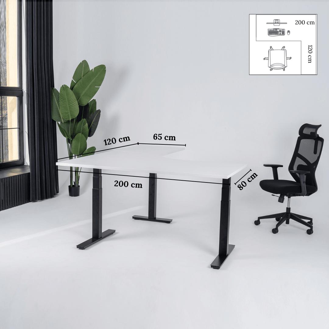 Elektra reguliuojamo aukščio stalas Prestige Line, L formos, 200 cm x 120 cm – Balta / Juoda / Dešinysis
