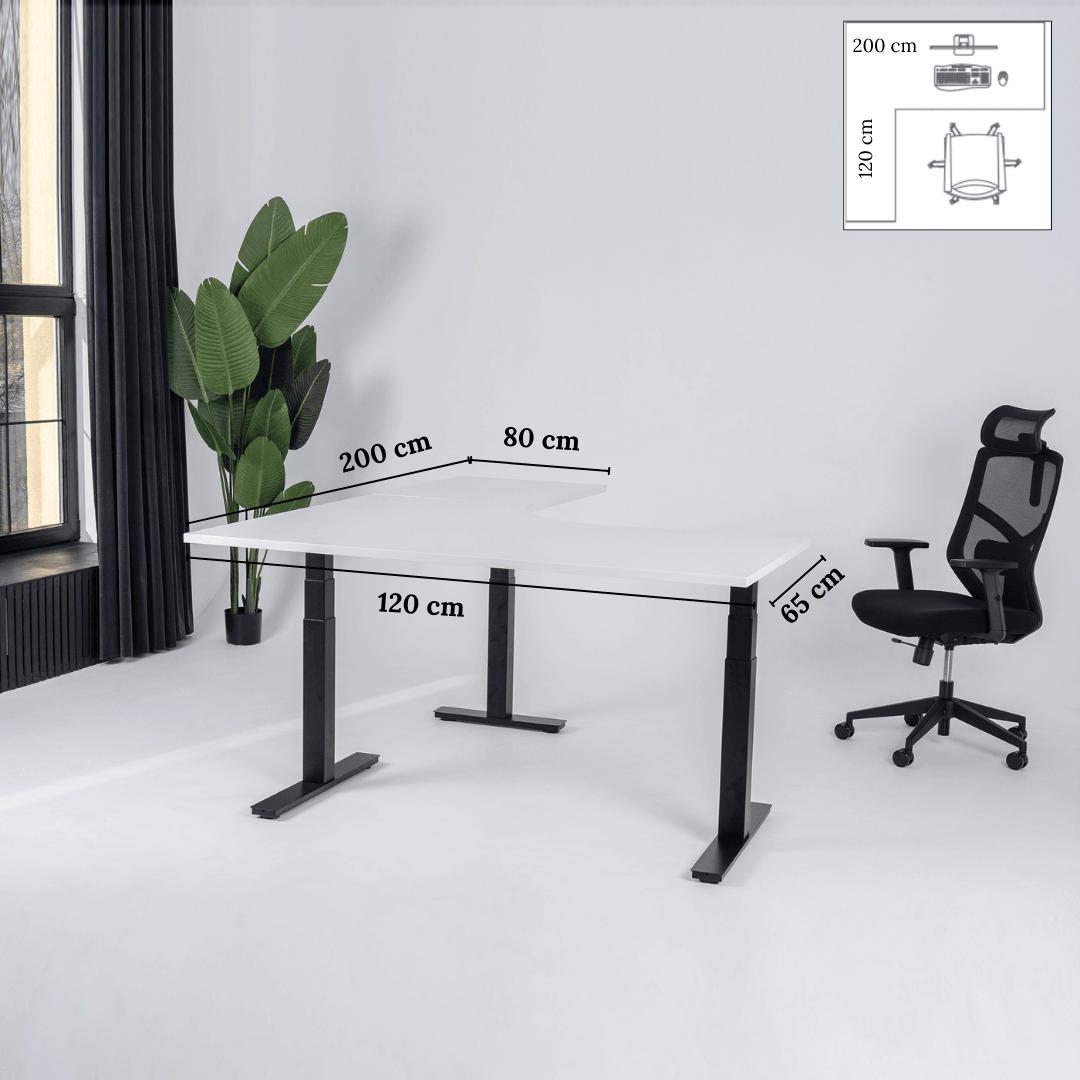Elektra reguliuojamo aukščio stalas Prestige Line, L formos, 200 cm x 120 cm – Balta / Juoda / Kairysis