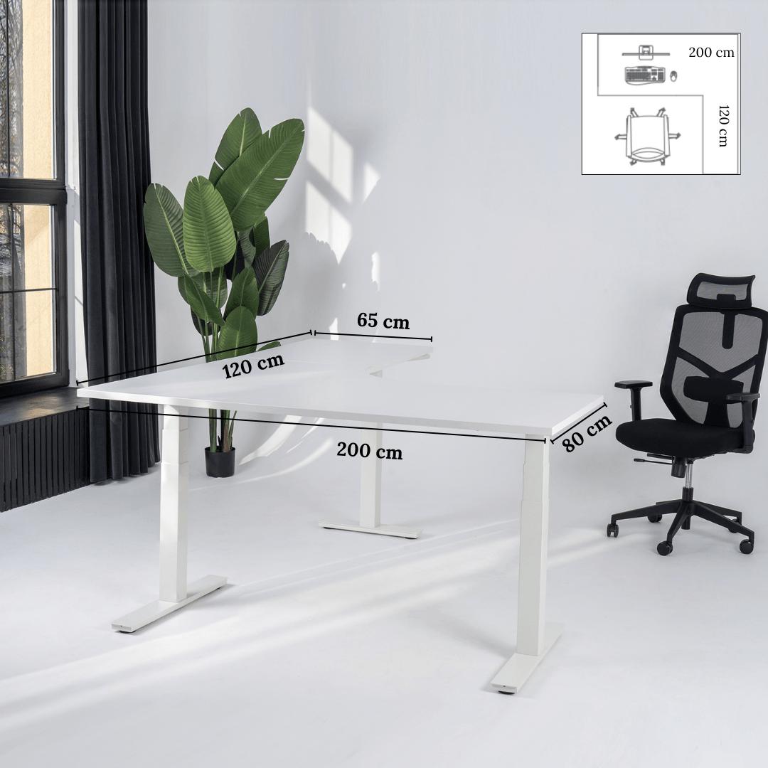 Elektra reguliuojamo aukščio stalas Prestige Line, L formos, 200 cm x 120 cm – Balta / Balta / Dešinysis