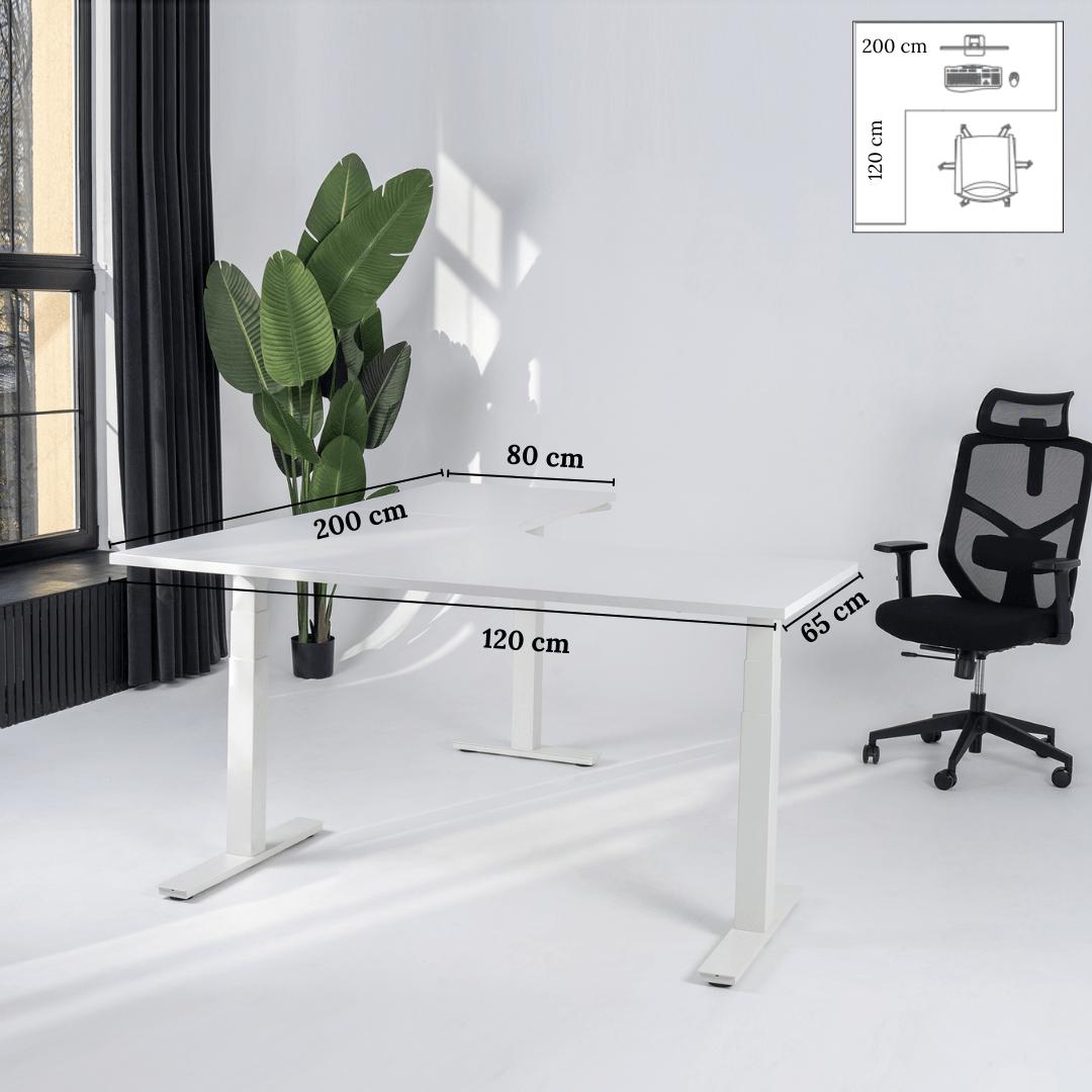 Elektra reguliuojamo aukščio stalas Prestige Line, L formos, 200 cm x 120 cm – Balta / Balta / Kairysis