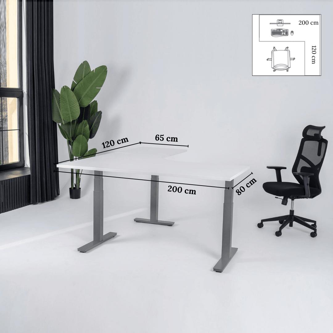 Elektra reguliuojamo aukščio stalas Prestige Line, L formos, 200 cm x 120 cm – Balta / Sidabrinė / Dešinysis