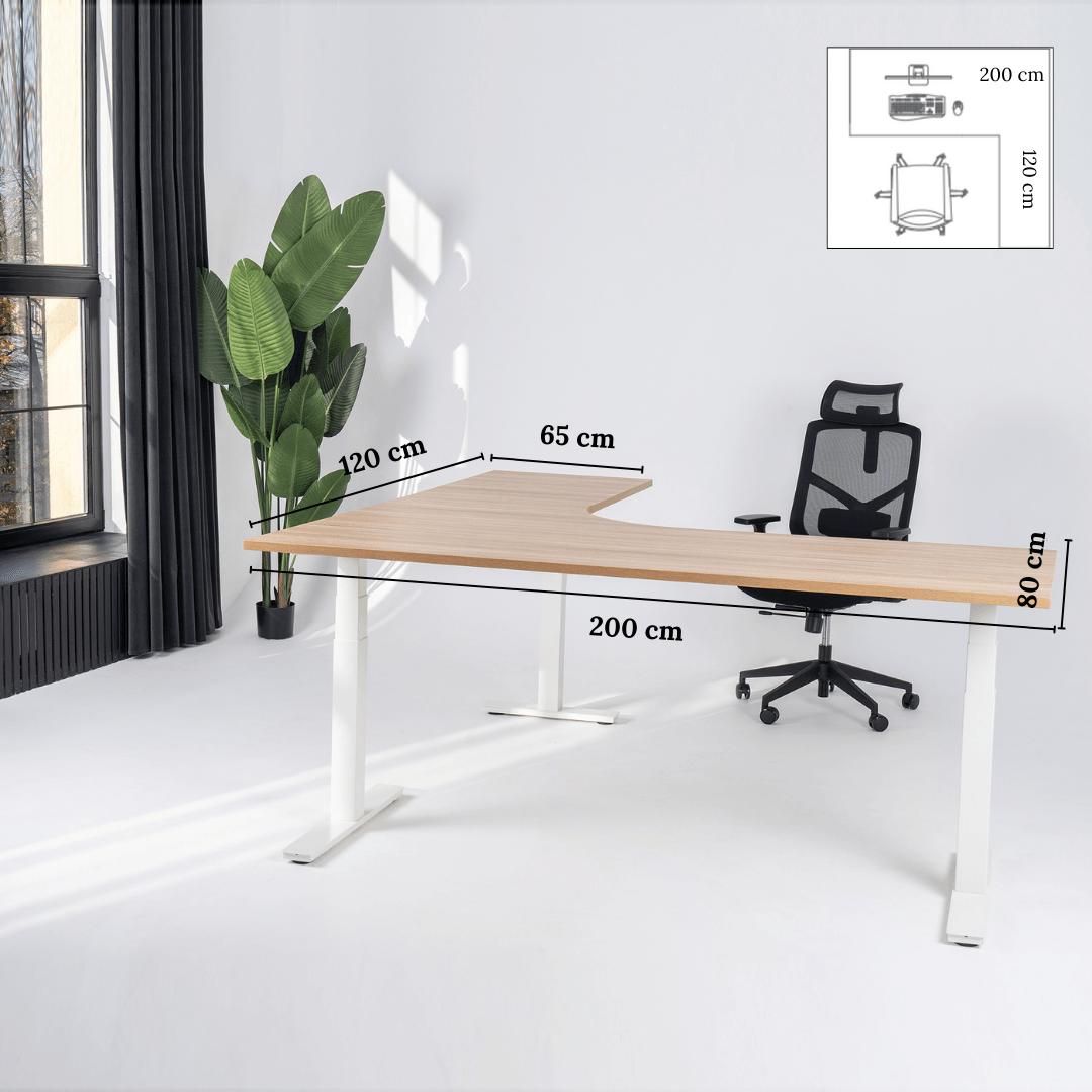 Elektra reguliuojamo aukščio stalas Prestige Line, L formos, 200 cm x 120 cm – Amerikietiškas ąžuolas / Balta / Dešinysis
