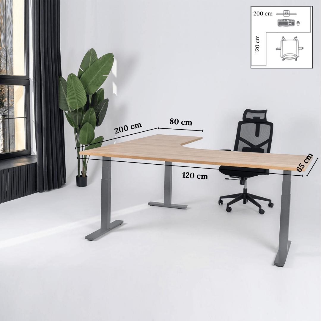 Elektra reguliuojamo aukščio stalas Prestige Line, L formos, 200 cm x 120 cm – Amerikietiškas ąžuolas / Sidabrinė / Kairysis