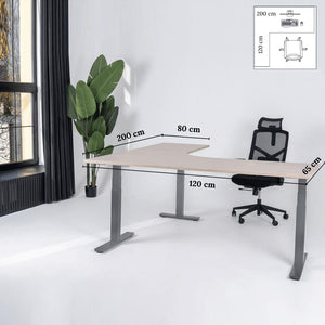 Elektra reguliuojamo aukščio stalas Prestige Line, L formos, 200 cm x 120 cm – Nabucco / Sidabrinė / Kairysis