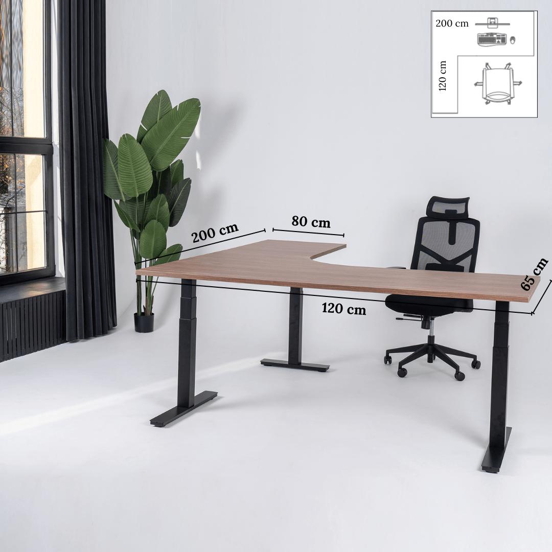 Elektra reguliuojamo aukščio stalas Prestige Line, L formos, 200 cm x 120 cm – Riešutmedis / Juoda / Kairysis