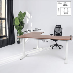 Elektra reguliuojamo aukščio stalas Prestige Line, L formos, 200 cm x 120 cm – Riešutmedis / Balta / Kairysis