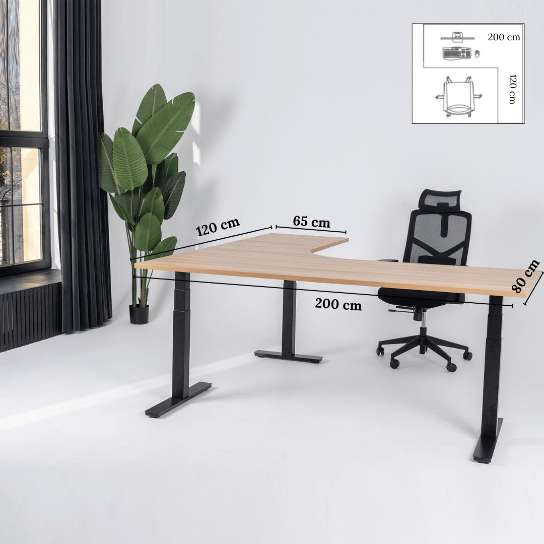 Elektra reguliuojamo aukščio stalas Prestige Line, L formos, 200 cm x 120 cm – Amerikietiškas ąžuolas / Juoda / Dešinysis