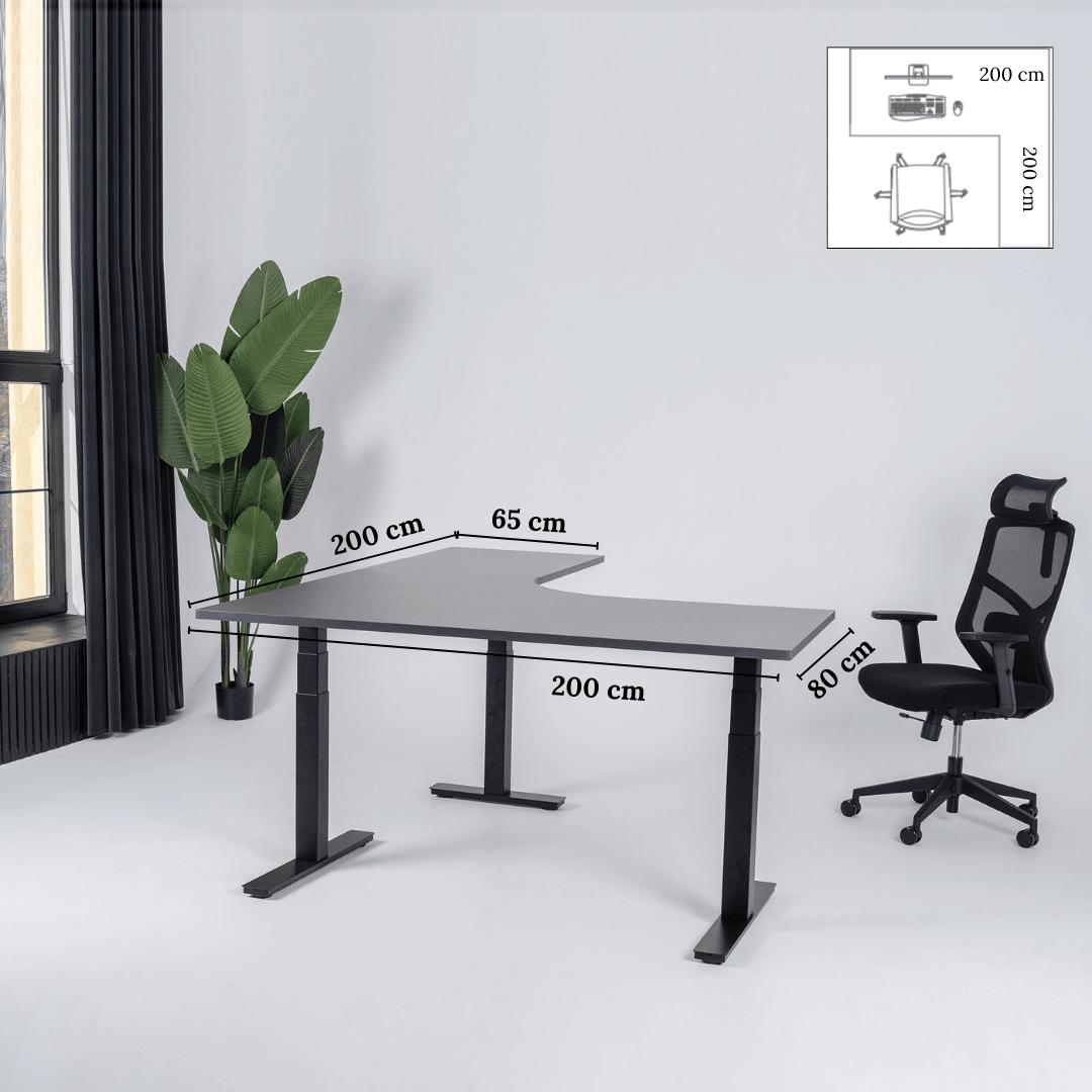Elektra reguliuojamo aukščio stalas Prestige Line, L formos, 200 cm x 200 cm – Antracito / Juoda / Dešinysis