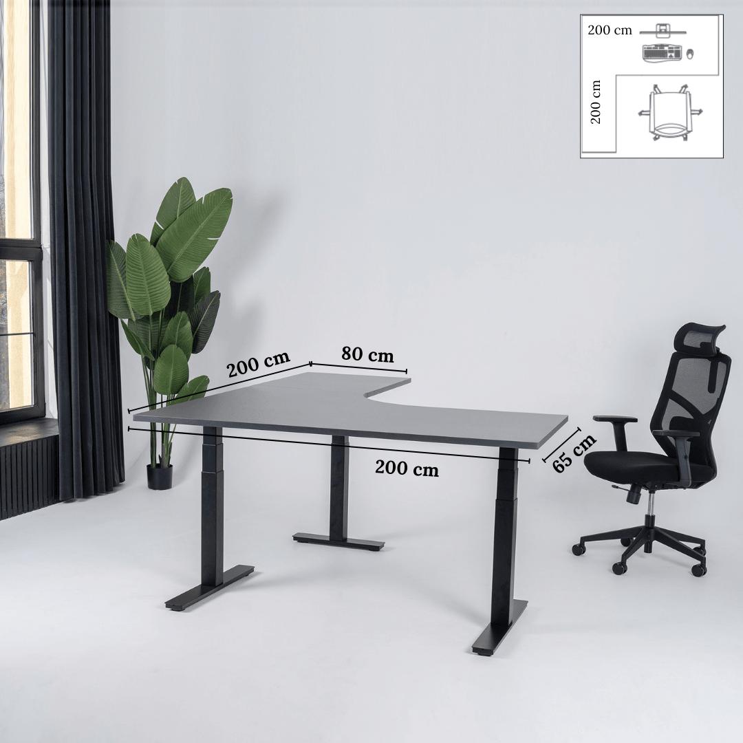 Elektra reguliuojamo aukščio stalas Prestige Line, L formos, 200 cm x 200 cm – Antracito / Juoda / Kairysis
