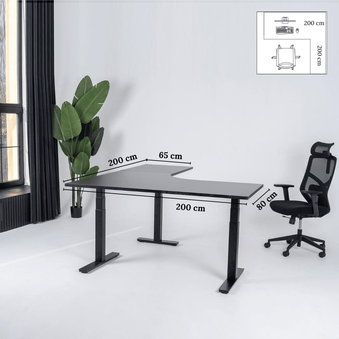 Elektra reguliuojamo aukščio stalas Prestige Line, L formos, 200 cm x 200 cm – Juoda / Juoda / Dešinysis